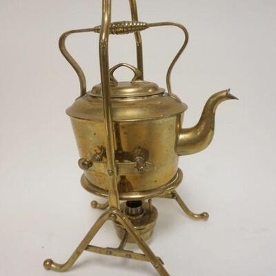 1065	BRASS TEA KETTLE ON BRASS STAND W/WARMER, BURNER MISSING, APPROXIMATELY 15 IN HIGH
