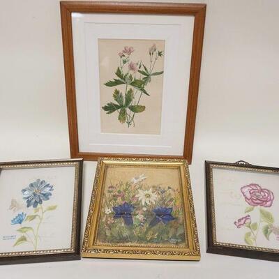 1243	LOT OF FRAMED BOTANICAL PRINTS, PAINTING AND EMBROIDERY
