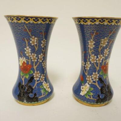 1073	PAIR OF CLOISONNE FLAIRED VASES W/FLOWERING TREE DESIGN, APPROXIMATELY 6 1/4 IN HIGH
