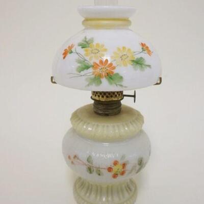 1026	ANTIQUE MINIATURE MILK GLASS KEROSENE LAMP W/HAND PAINTED FLOWERS ON FONT & SHADE, APPROXIMATELY 8 1/2 IN

