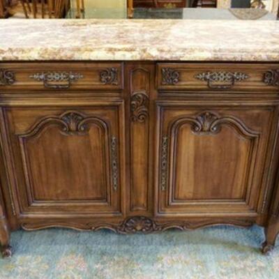 1110	CONTINENTAL MARBLE TOP SIDEBOARD HAVING 2 CARVED DRAWERS & 4 CARVED PANELED DOORS W/A WALNUT FINISH, APPROXIMATELY 88 IN X 22 IN X...