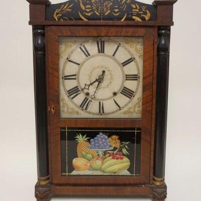 1006	ANTIQUE SHELF CLOCK RILEY WHITING WINCHESTER CT, DECORATED LOWER GLASS PANEL ON DOOR, CASE IS STENCILED, HALF TURNED COLUMNS & PAW...