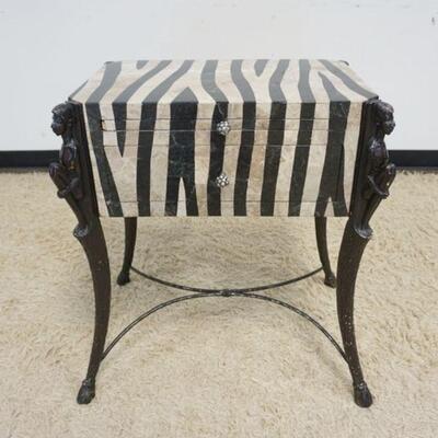 1218	2 DRAWER STAND W/SHEATHED MARBLE ZEBRA DESIGN & ETHNIC FIGURAL LEGS W/HOOFED ENDS, LOSSES TO STAND, APPROXIMATELY 16 IN X 23 1/2 IN...