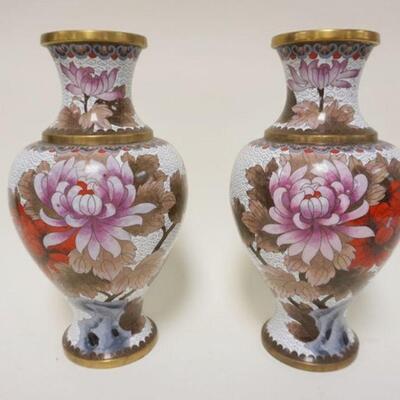 1074	PAIR OF CLOISONNE VASES W/FLOWERING TREES & BLUE BIRDS, APPROXIMATELY 12 3/4 IN HIGH
