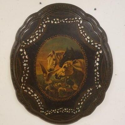 1207	ANTIQUE BLACK LACQUER PAPERMACHE WALL HANGING W/PAINTING OF HOSES & DOVE, INSET MOTHER OF PEARL, APPROXIMATELY 23 IN X 27 IN
