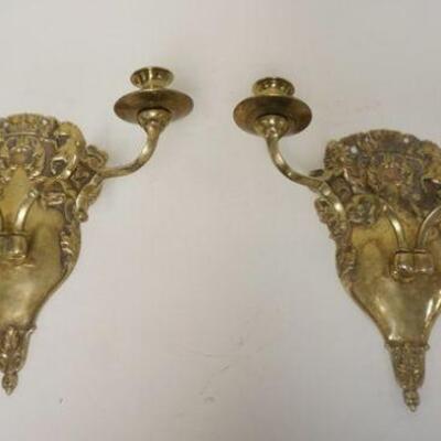 1178	PAIR OF HEAVY CAST BRASS WALL SCONCES W/RAMPANT LION & HORSE, APPROXIMATELY 15 IN X 12 IN HIGH
