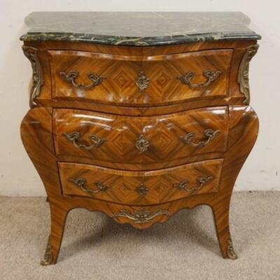 1119	CONTINENTAL BOMBE MARBLE TOP CHEST, 3 DRAWERS W/METAL MOUNTS & DIAMOND MATCHED VENEER, APPROXIMATELY 32 IN X 19 IN X 33 IN
