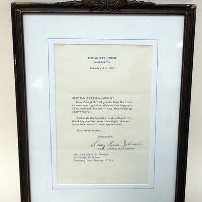 1282	FRAMED LETTER SIGNED BY LADY BIRD JOHNSON, MRS. LYNDON B. JOHNSON, 30 YEAR WEDDING ANNIVERSARY, 1965, APPROXIMATELY 10 IN X 14 IN
