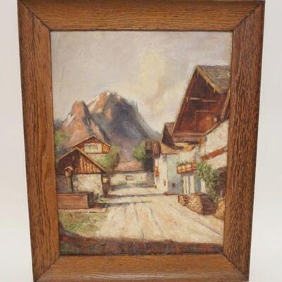 1172	OIL PAINTING ON BOARD BY OSWALD FEY-DUSSELDORFER PAINTER, VILLAGE OF GARMISCH, APPROXIMATELY 17 1/2 IN X 22 IN OVERALL, 1948

