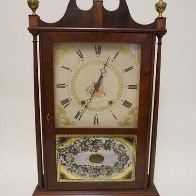 1053	ELI TERRY & SONS PILLAR & SCROLL SHELF CLOCK, PAINT LOSS ON LOWER DOOR, APPROXIMATELY 4 1/2 IN X 17 1/2 IN X 31 IN HIGH
