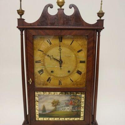 1001	ELI TERRY & SONS ANTIQUE SHELF CLOCK, PILLAR & SCROLL W/REVERSE PAINTING OF MOUNT VERNON ON DOOR, SOME LOSS TO CLOCK FACE,...