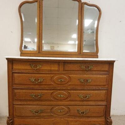 1118	OAK 5 DRAWER MARBLE TOP CHEST W/ADJUSTABLE TRIPLE BEVELED EDGE MIRROR, APPROXIMATELY 44 IN X 22 IN X 73 IN HIGH
