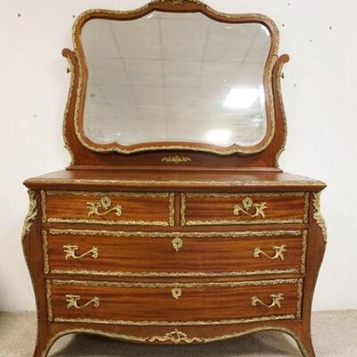 1121	ORNATE 4 DRAWER MAHOGANY CHEST W/BRONZE MOUNTS & TRIM ALL OVER, BEVEL GLASS MIRROR, APPROXIMATELY 52 IN X 23 IN X 76 IN HIGH
