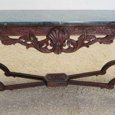1117	HEAVILY CARVED GREEN MARBLE TOP HALL TABLE, CONTINENTAL, APPROXIMATELY 68 IN X 21 IN X 32 IN HIGH
