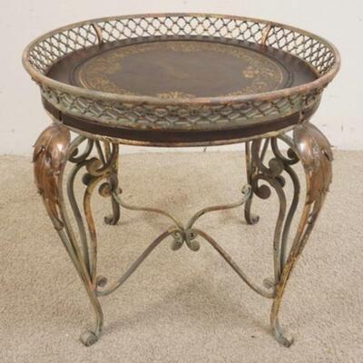1140	ROUND METAL LAMP TABLE W/INSET LEATHER TOPW/GILT DESIGN, COPPER FINISHED LEAVES ON LEG EXTERIOR & CAST METAL GALLERY AROUND TOP RIM,...