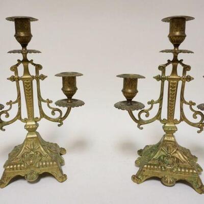 1182	PAIR OF ORNATE VICTORIAN BRASS CANDELABRAS, APPROXIMATELY 11 1/4 IN HIGH
