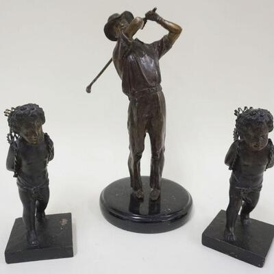 1279	LOT OF 3 CAST METAL FIGURES, GOLFER AND 2 CHERUBS WITH BASKETS, GOLFER APPROXIMATELY 12 IN HIGH
