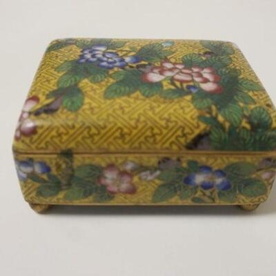 1085	CLOISONNE HINGED BOX, APPROXIMATELY 3 1/4 IN X 4 IN X 1 1/4 IN HIGH
