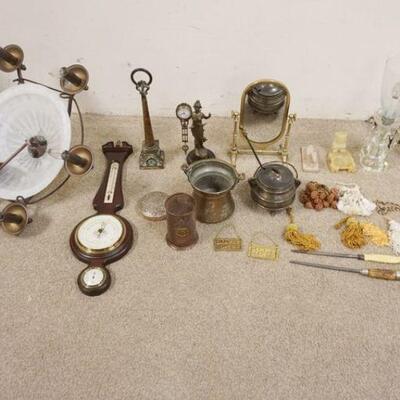 1325	GROUP OF ASSORTED ITEMS W/BAROMETER, CAPE COD LIGHTER, HURRICANE LAMPS W/PRISIMS, MINIATURE BRASS MIRROR & HANGING LAMP FIXTURE

