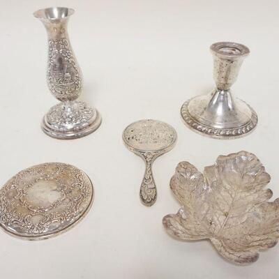 1245	LOT OF VINTAGE STERLING AND SILVERPLATE, STERLING WEIGHTED CANDLESTICKS, BOUND MIRROR
