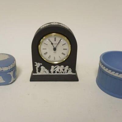 1155	WEDGWOOD ENGLAND JASPER, CANTERBURY CATHEDRAL COVERED BOX, CLOCK & BOWL, LARGEST IS APPROXIMATELY 4 IN X 4 3/4 IN IGH
