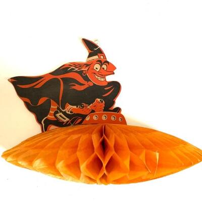 Vintage Halloween witch riding a honeycomb crepe  flying saucer