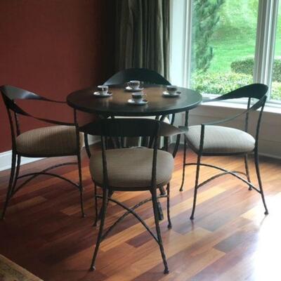 Round bistro copper top table Hudson wrap hammered metal chairs 