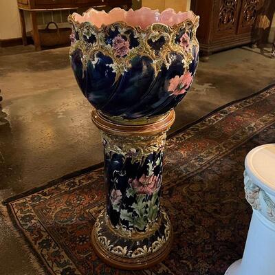 Art Nouveau Majolica Jardiniere and Pedestal