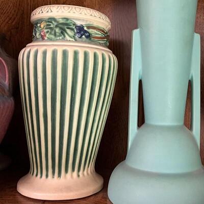 Roseville Pottery Corinthian Vase and Coors Pottery Blue Vase
