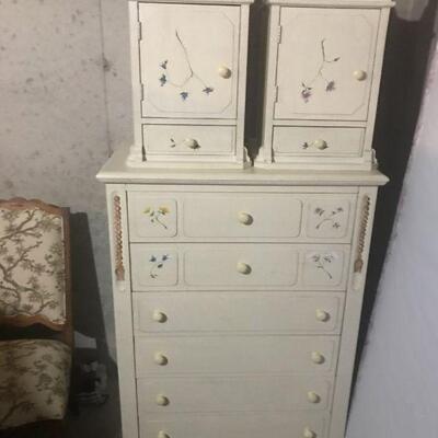 Lane Furniture Off White w/Hand Painted Floral Motif Chess of Drawers and 2 Matching Nightstands  
