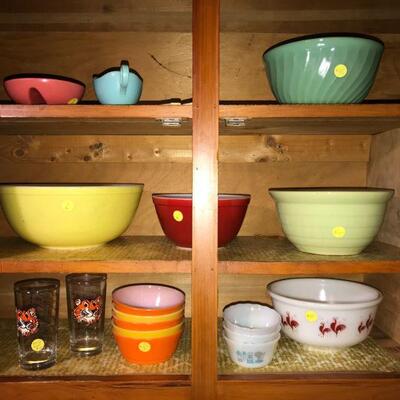 Pyrex Fire King 
( rooster , jadite & red bowls are sold 