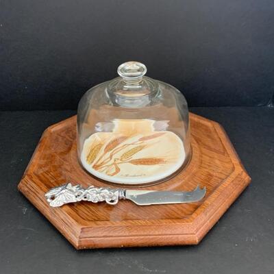 Vintage Goodwood Cheese and Cracker Octagonal Wood Tray with Clear Glass Dome and Wheat Tray in Center