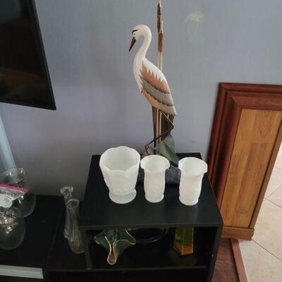 also heron figurines and some milk glass