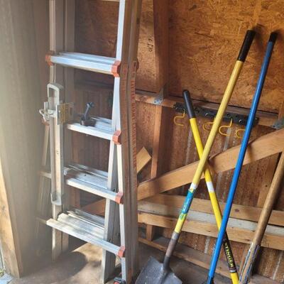 yard tools and a ladder