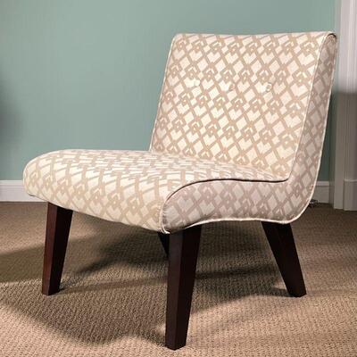 ACCENT CHAIR| Low slipper chair on tapering wood legs with patterned fabric upholstery; h. 31 x 25 x 30 in.
