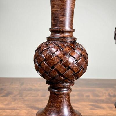 (2pc) VOTIVE HOLDERS | A pair of candle holders with basket weave pattern, painted composition in a wood style; tallest 18 in.