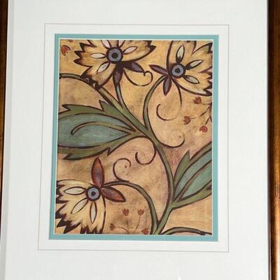 PAIR FRAMED WALL ART | Patterned viney / floral prints, nicely matted in wood frames; overall 17 x 15 in.