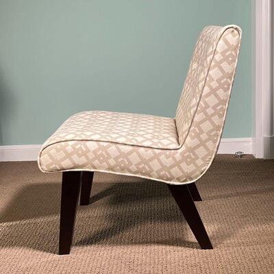 ACCENT CHAIR| Low slipper chair on tapering wood legs with patterned fabric upholstery; h. 31 x 25 x 30 in.