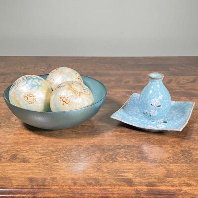 (6pc) MISC. DECORATIVE ITEMS | Including a Japanese Ichihara vase and matching plate, three beach-themed decorative composition balls,...