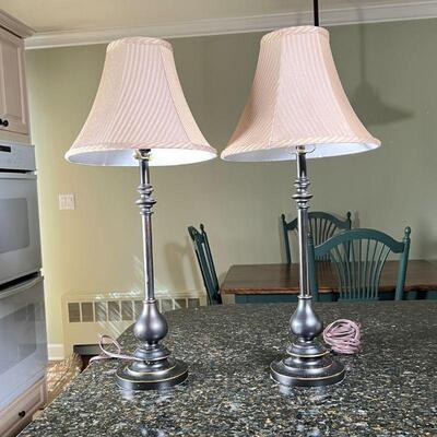 PAIR PATINATED METAL LAMPS | Patinated metal table lamps with custom shades (plus with original unused shades); h. 27 in.