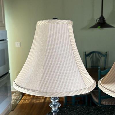 PAIR PATINATED METAL LAMPS | Patinated metal table lamps with custom shades (plus with original unused shades); h. 27 in.