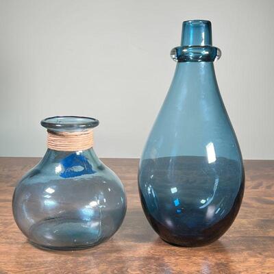 (2pc) BLUE GLASS VASES | Including a large blown glass point vase and a smaller molded glass vase; tallest 15 in.