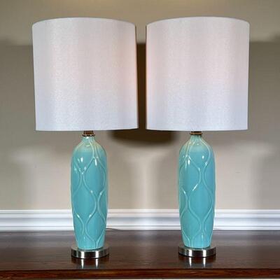 PAIR TABLE LAMPS | Sea glass blue on silver bases with cylindrical shades; h. 24 in.