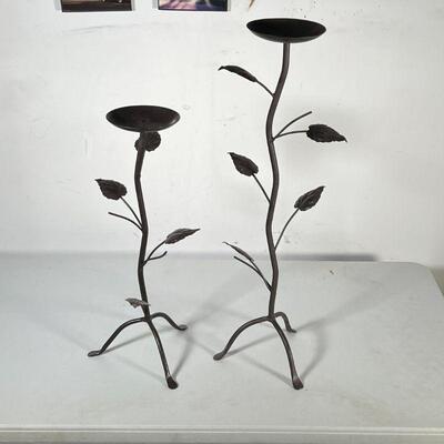 PAIR VOTIVE CANDLE HOLDERS | Pair of leafy vine-form candle holders; tallest h. 27 in.