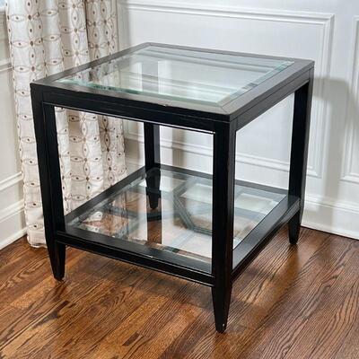 WOOD & GLASS SIDE TABLE | Square side table with a beveled glass top and beveled glass lower shelf over a decorative stretcher; h. 25 x...