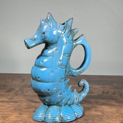 SEAHORSE-FORM BLUE PITCHER | Blue ceramic pitcher with 