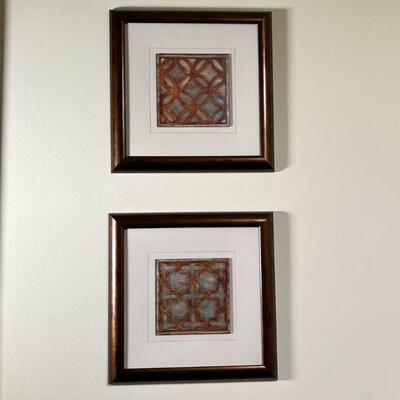PAIR FRAMED WALL ART | Stencil patterned prints float-mounted in square frames; overall 13 x 13 in.