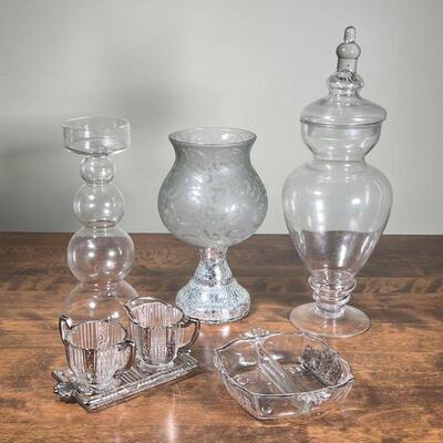 (7pc) DECORATIVE GLASS | Including a jar, votive holder, vase, bowl, creamer and sugar on tray; tallest 17 in.