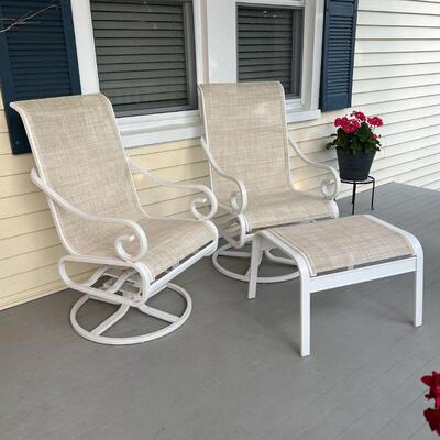(3pc) PAIR OUTDOOR ROCKERS | Telescope Casual patio lounge furniture, including 2 swivel rockers and a foot stool, in very good and clean...
