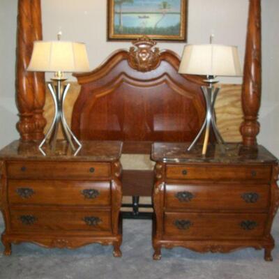 KING bed shown with pair of 3 drawer marble top Nightstands